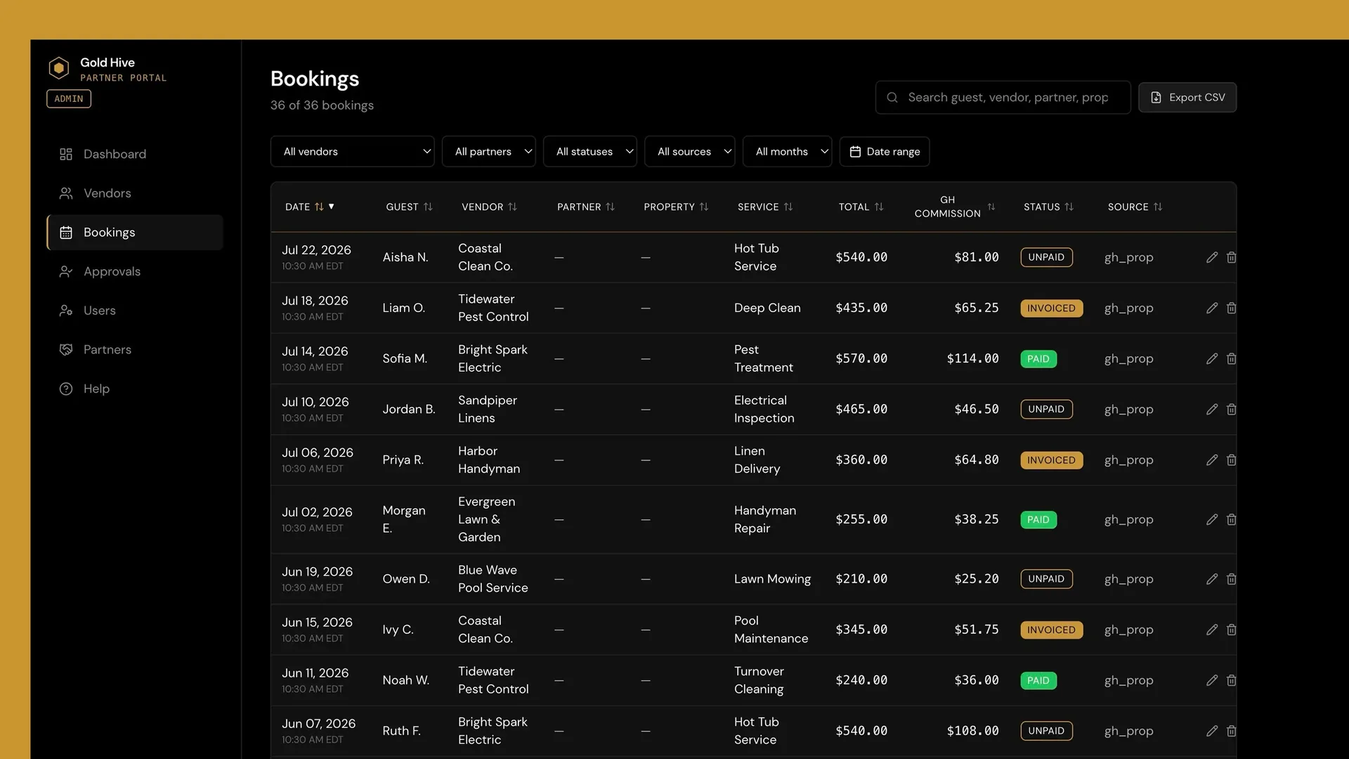 Gold Hive bookings table listing each booking's date, vendor, service, total, commission and invoice status