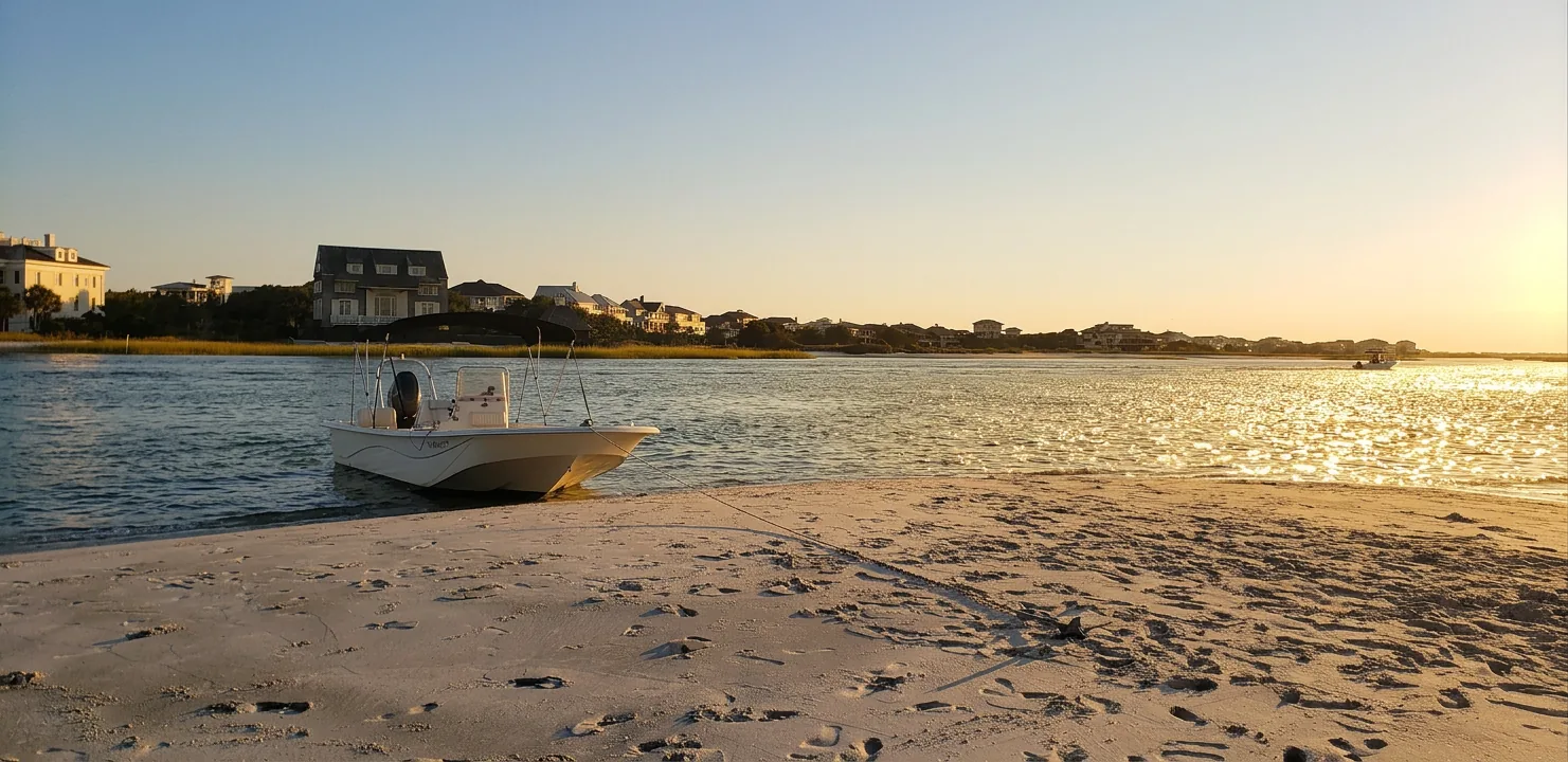 A center console boat rests on a sandbar in Nixon Channel at golden hour, with houses along the far shore