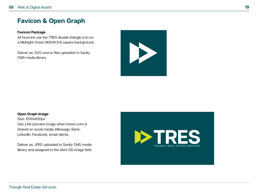 The web section of the TRES brand guide shows the favicon and the share image that appears when someone posts a tresnc.com link.