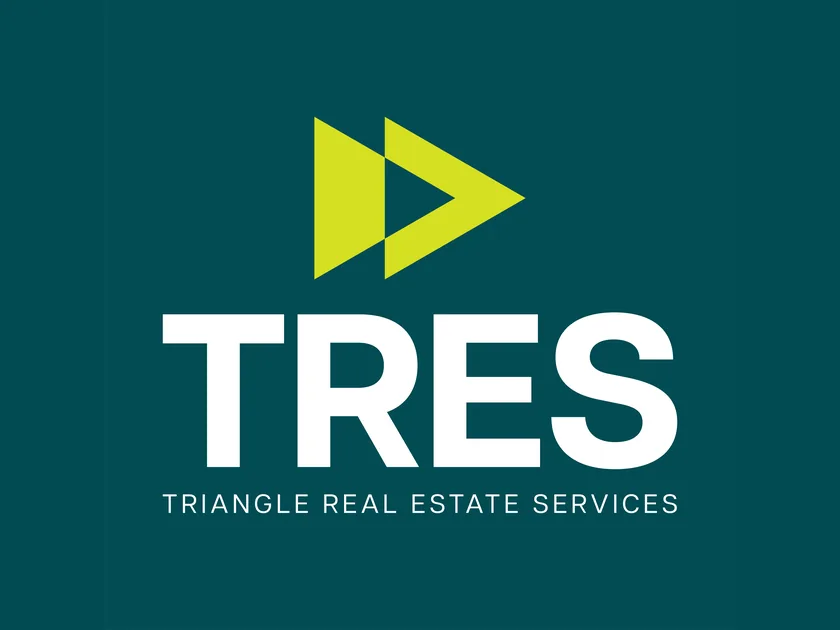 The stacked TRES logo sits in white on Midnight Green, with the lime double-triangle mark above the wordmark and the Triangle Real Estate Services line.