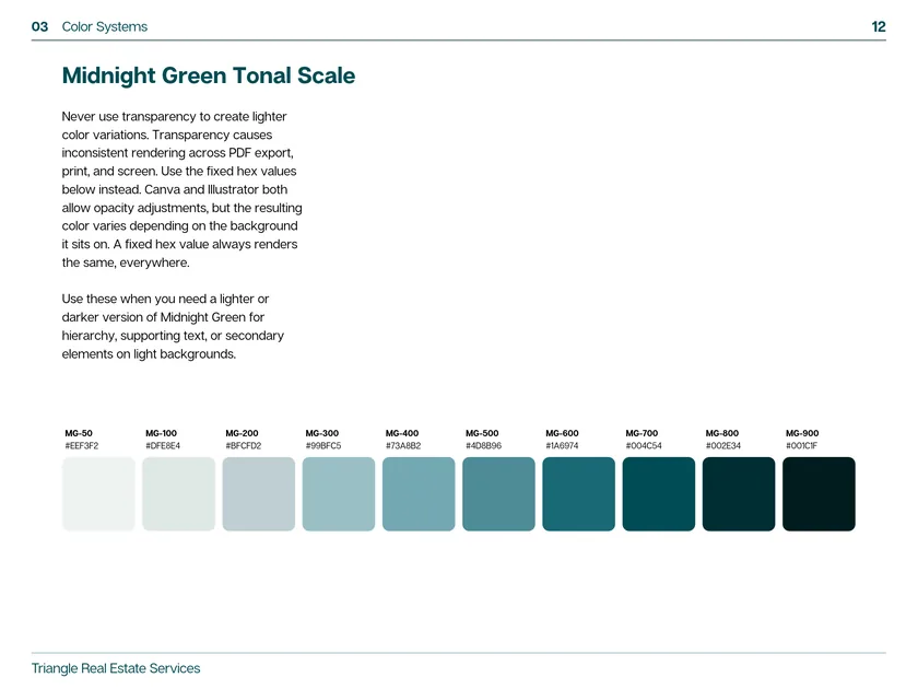 A color page in the TRES brand guide shows the Midnight Green tonal scale in ten fixed steps from near white to near black.