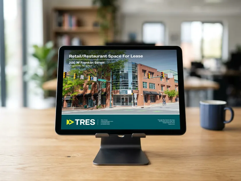 The TRES listing flyer for retail and restaurant space at 200 W Franklin Street sits open on a tablet on an office desk.